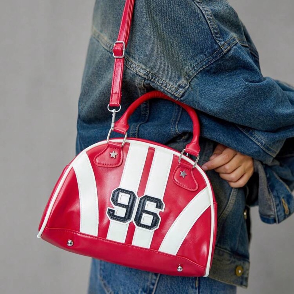 Red and White Striped Dome Satchel Bag w. '96' Patch - Picture 3 of 11